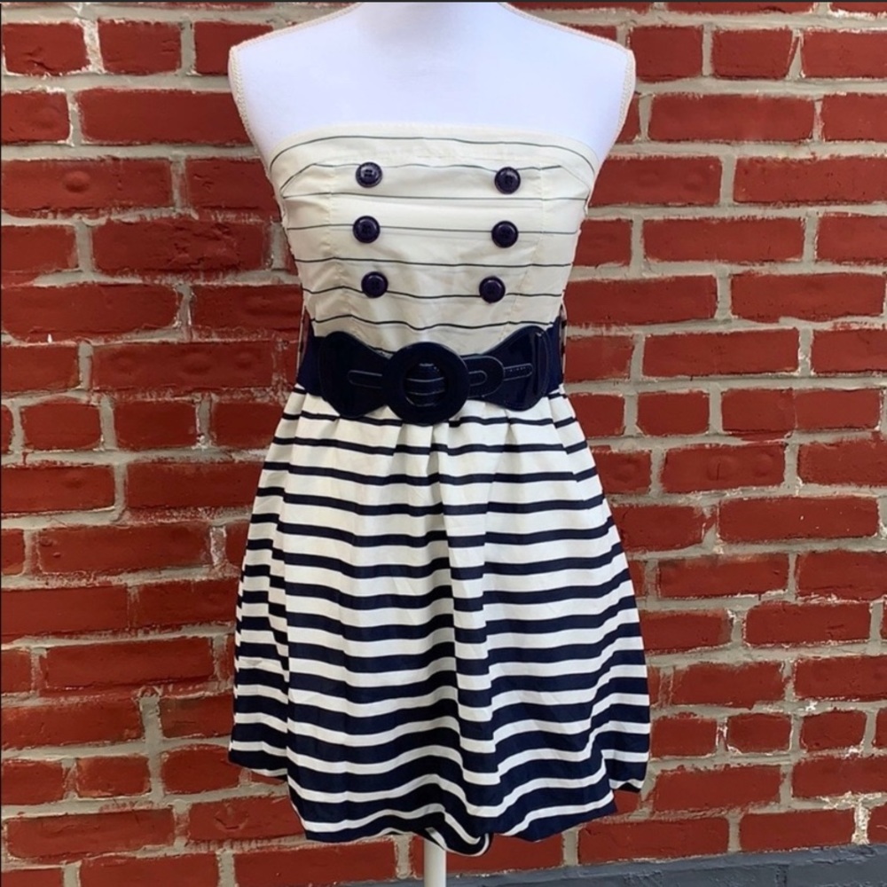 Strapless Striped Dress Off White and Navy Blue